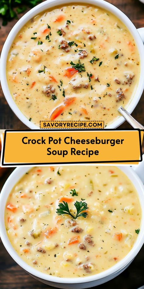 Craving a comforting meal that’s easy to make? This Crock Pot Cheeseburger Soup Recipe is the perfect solution for busy weeknights! Enjoy a hearty dish packed with flavor and ground beef goodness. Save this recipe for later and delight your family with this delicious addition to your Ground Beef Recipes! Cheeseburger Soup Crockpot, Cheeseburger Soup Recipe, Ground Beef Crockpot Recipes, Easy Crockpot Soup, Cheese Burger Soup Recipes, Beef Soup Recipes, Soup With Ground Beef, Chowder Soup, Cheeseburger Soup