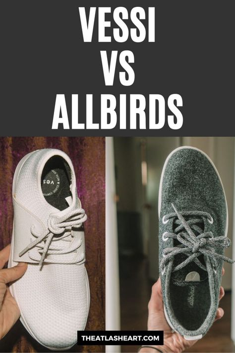 A composite image with a hand holding up a white Vessi sneaker on the left and one holding a grey Allbirds sneaker on the right, with the text overlay, "Vessi Vs Allbirds." Vessi Shoes Women Outfit, Vessi Shoes Outfit, Allbirds Outfit Women, All Birds Shoes Outfit Women, Vessi Footwear Outfit, Allbirds Shoes Women Outfit, All Birds Shoes Outfit, Allbirds Outfit, All Birds Shoes