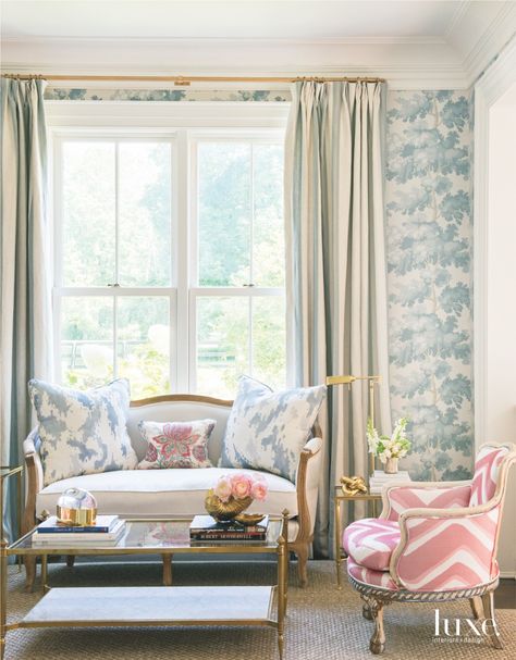 A Pastel Palette Turns A Farmhouse Into A Getaway | Luxe Interiors + Design Brittany Bromley, 19th Century Farmhouse, Century Farmhouse, Style Bleu, Sandberg Wallpaper, Pink Chair, Luxe Interiors, Décor Boho, French Cottage