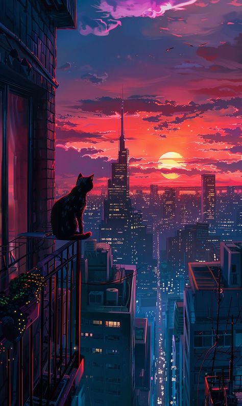 Lofi Sunset Wallpaper, Anime City Art, Sunset Illustration Art, Digital Art Scenery, Cat And Sunset, City Landscape Illustration, Phone Wallpaper Cat, City Sunset Aesthetic, Cityscape Aesthetic