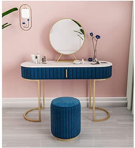 Dresser Modern Dressing Table Dressing Table with Vanity Mirror Stool 1 Drawers Set for Bedroom Makeup Jewellery Storage Set (Color : Blue, Size : 100cm Long)QLAT HOME Dressing Table Cosmetic Table with Flip Up Mirror, 5 Drawers and Compartments, Modern Vanity Makeup Writing Desk with Make-up Stool - Brown Makeup Storage Dressing Table, Dressing Table Colour, Dimmable Lights, Dressing Table Modern, Blue Drawers, Furniture Dressing Table, Table Makeup, Vanity Dressing Table, Mirror Drawers