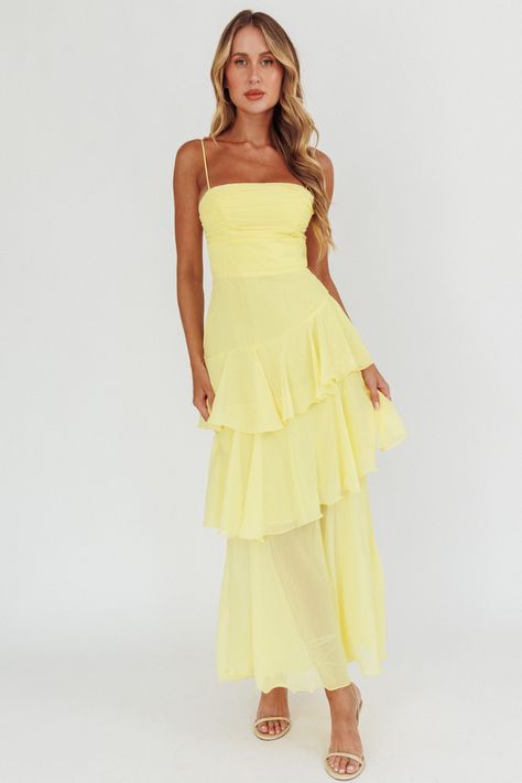 Back in stock! Our Parisian Summer Yellow Tiered Maxi Dress is the perfect wedding guest dress or sorority formal dress! Featuring a ruched bodice, spaghetti straps and a playful asymmetrical tiered skirt. Zipper back. Flowy Formal Dress, Positano Dress, Sorority Formal Dress, Asymmetrical Tiered Skirt, Maxi Cocktail Dress, Yellow Bridesmaid, Digital Wardrobe, Parisian Summer, Cute Formal Dresses