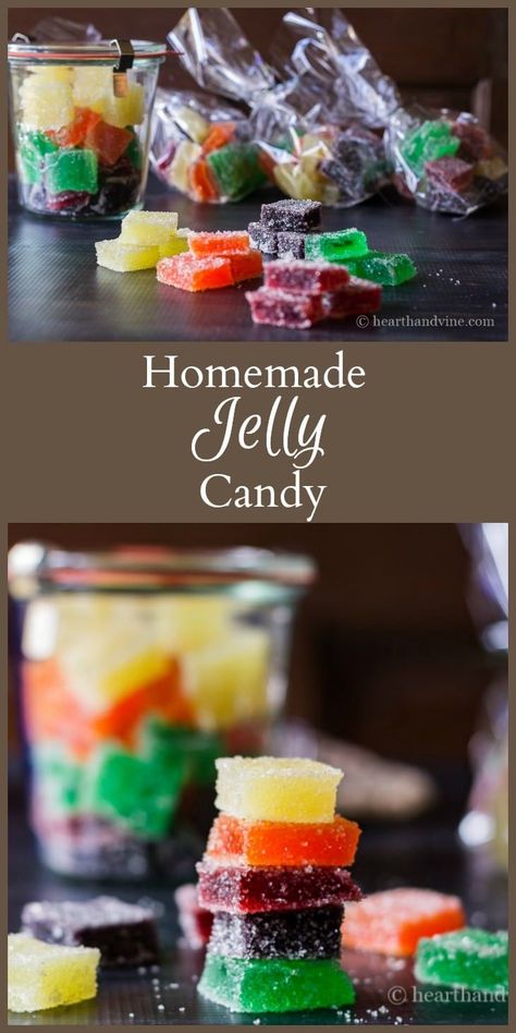 This jelly candy recipe is a fun gift for anyone who has a sweet tooth. Made with gelatin, sugar and flavored drink mix, to make a sweet and tasty treat. #gummies #recipes #HandmadeGifts Fruit Jellies Candy, Gluten Free Candy Recipes, Jello Candy Recipe, Healthy Jello, Jelly Candy Recipe, Gummies Recipe, Jelly Candy, Homemade Jelly, Candy Recipe