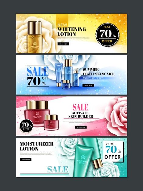 Four different colored cosmetic themed web banners with products, rose flowers and glitters. Download it at freepik.com! #Freepik #vector #banner #sale #flower #design Cosmetic Web, Website Banner Design, Creative Banners, Discount Design, Cosmetics Banner, Best Banner, Banner Design Inspiration, Graphic Design Brochure, Banner Designs