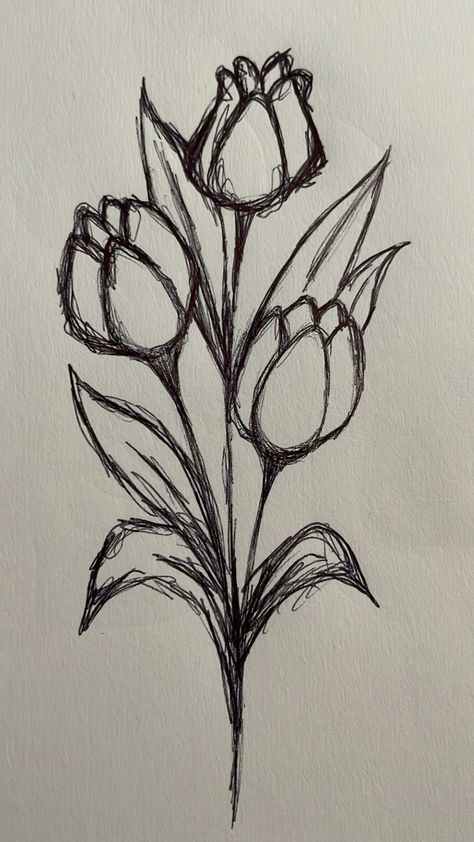 Drawing Ideas Tulips, Drawing Inspo Flowers, Pretty Things To Draw Easy, Cute Sketching Ideas, Flower Inspo Drawing, Cute Flower Sketches, Flowers Drawing Simple Easy, Detailed Flower Drawings, Easy Doodles Flowers