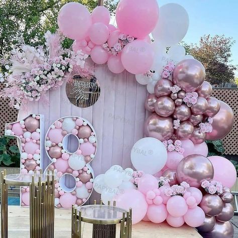 18th Birthday Party Idea, White Silver Balloon Garland, Debut Party, Happy 18th Birthday, Sweet Sixteen Birthday Party Ideas, White Garland, Backyard Birthday, Birthday Party Theme Decorations, Birthday Balloon Decorations