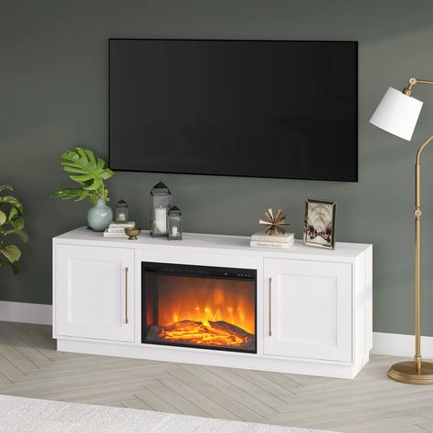 Everly Quinn 68'' Media Console & Reviews | Wayfair Log Fireplace, White Tv Stands, Electric Fireplace Tv Stand, White Tv, Fireplace Tv Stand, Metal Cabinet, Tv Stands And Entertainment Centers, Modern Tv Stand, Cabinet Shelving