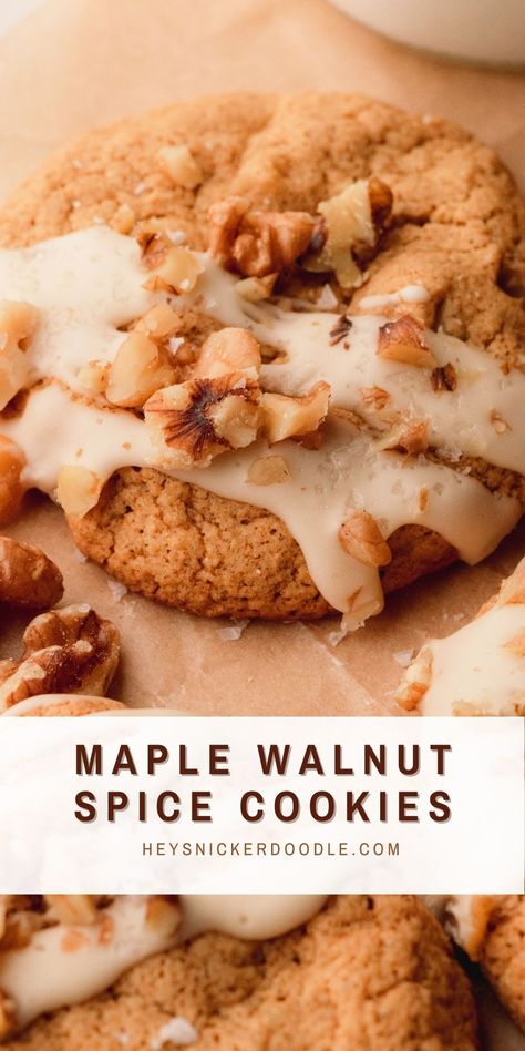 These maple walnut spice cookies are chewy and go perfectly with a cup of coffee. They have molasses and pumpkin pie spice in the dough and a maple glaze drizzled on top. Harvest Desserts, Maple Syrup Cookies, 2024 Cookies, Oatmeal Applesauce Cookies, Walnut Cookie Recipes, Maple Leaf Cookies, Maple Cookies, Maple Recipes, Leaf Cookies