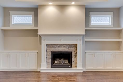 Living Room Tv Between Two Windows, Builtins Fireplace Windows, Fireplace Built Ins With Windows Above, Windows Above Tv, Built In Shelves Living Room Fireplace Windows, Built In Shelves With Windows Above, Fireplace Side Windows, Tv Above Fireplace With Windows On Both Sides, Tv With Cabinets On Each Side