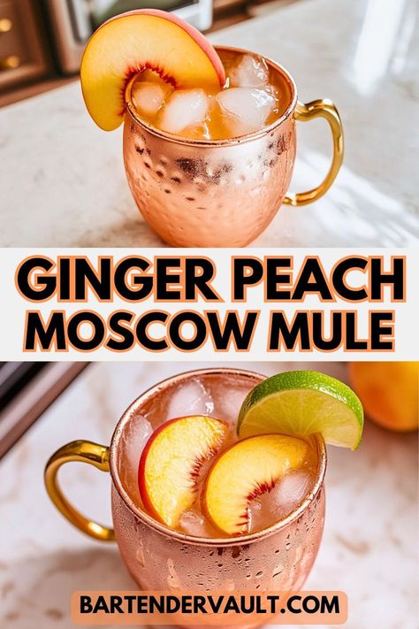 Two photos of a cocktail called the Ginger Peach Mule from different angles. Peach Mule, Best Moscow Mule, Moscow Mule Recipes, Classic Vodka Cocktails, Mule Drink, Sangria Punch, Cupcakes Homemade, Boozy Cupcakes, Peach Cocktail