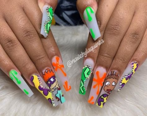 Rugrats Nails Proud Family Nails, Hey Arnold Nails, Rugrat Themed Nails, Rugrats Nails, Character Nail Designs, Nail Art Character, Cartoon Art Nails, Cartoon Nails Acrylic, 90s Theme Nails