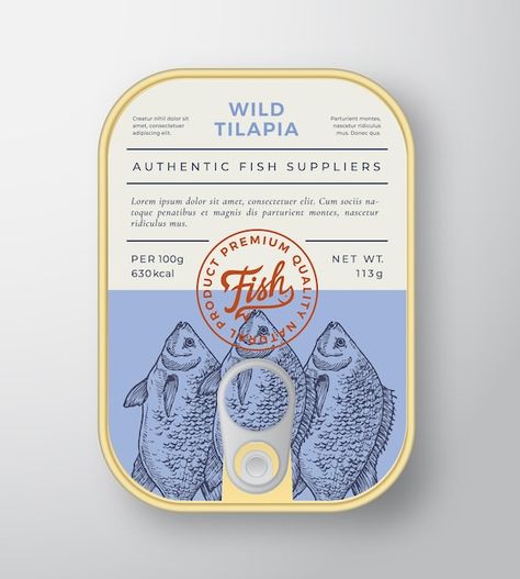 Premium Vector | Canned river fish abstract vector aluminium container packaging design or label modern typography banner hand drawn tilapia silhouette with lettering logo color paper background layout Container Packaging Design, Color Paper Background, Rustic Packaging, Fish Abstract, Fish Fillets, Fish Silhouette, Typography Hand Drawn, Ocean Fish, Food Logo Design