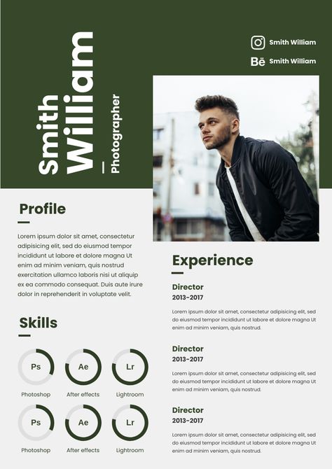 Photographer Resume, Creative Cvs, Cv Inspiration, Resume Ideas, Template Green, After Effect Tutorial, Cv Design, Resume Design Template, Career Coach