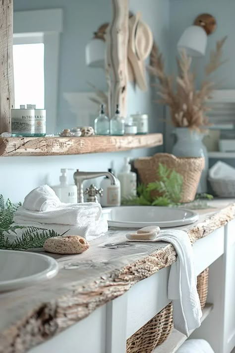 20 Aesthetic Bathroom Designs for Your Home Makeover 9 Beach Glass Bathroom, Seaside Bathroom Ideas, Apartment Aesthetic Bathroom, Coastal Cottage Bathroom, Beach Bathroom Design, Black And White Bathroom Ideas, Earthy Coastal, Warm Apartment Aesthetic, Dreamy Bathrooms