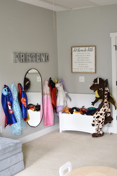 Sharing our playroom reveal! Playroom With Dress Up Area, Basement Playroom Corner, Playroom Mirror Ideas, Five Year Old Playroom, Entry Room Playroom, Art Area Playroom, Playroom Small Room, Playroom Centers Play Spaces, Hallway Play Area