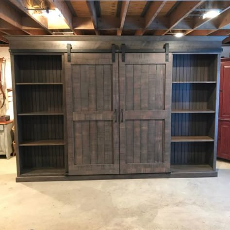 Barn Door Cabinets are also an awesome alternative to a solitary bookcase. furniturefromthebarn.com Barn Door Kitchen Cabinets, Barn Door Cabinets, Barn Door Kitchen, Barn Door Bookcase, Barn Door Cabinet, Barn Door Entertainment Center, Barn Door Closet, Rental Property Management, Small Barn