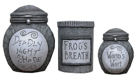 Deadly Nightshade [jar stands 9" tall], Frog's Breath [7" tall], and Worm's Wort [5" tall]. Used by Sally to poison her creator in Tim Burton's The Nightmare Before Christmas. Casa Rock, Ceramic Storage, Christmas Cookie Jars, Christmas Spices, Tim Burton Movie, Christmas Jars, Corpse Bride, Ceramic Jars, Beetlejuice