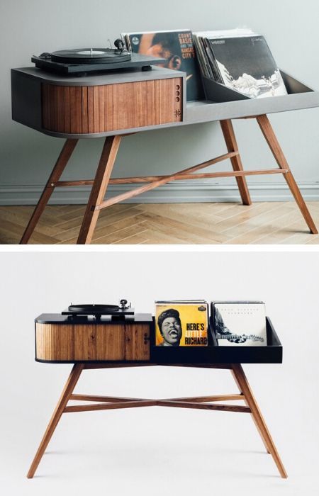 Table Design IDeas Record Player Cabinet, Vinyl Table, Table Design Ideas, Vinyl Player, Sneakers Luxury, Vinyl Record Storage, Vinyl Storage, Small Company, Record Storage