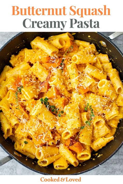 Learn how to make creamy roasted butternut squash pasta with garlic crumbs with our easy to follow recipe and step-by-step instructions and photos. Using delicately sweet butternut squash, hardy rigatoni pasta and simple ingredients for the sauce, this dish is fit for a restaurant menu, yet you can easily make it at home. This creamy pasta recipe is an absolute crowd-pleaser, and your family and dinner guests will be impressed and satisfied! Butternut Pasta Sauce Recipes, Butternut Squash Cream Sauce, Butter Nut Squash Pasta Recipes, Pasta And Butternut Squash, Butternut Sauce For Pasta, Butternut Squash Chicken Pasta, Roasted Butternut Squash Pasta Sauce, Squash And Pasta Recipes, Butternut Pasta Sauce