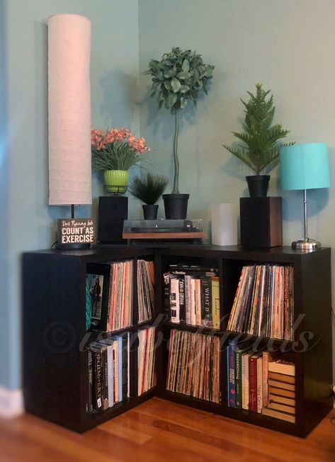 corner storage records and books #smallspaces #ikea #kallax #vinyl #lp Corner Vinyl Storage, Record Storage Corner, Tv Stand With Vinyl Record Storage, Ikea Vynil Storage, Kallax Lp Storage, Kallax Book Storage, Ikea Kallax Record Storage, Record And Book Storage, Vinyl Corner Living Room