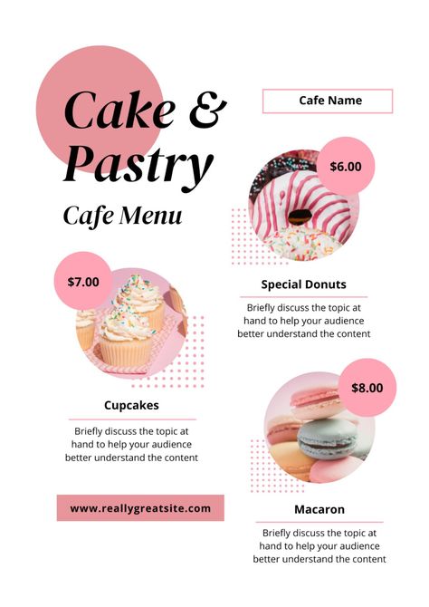 Get more unique template designs like this at www.canva.com/p/sylvia-design-studio/ Pastries Menu Design, Dessert Flyer Design, Orange Aesthetic Minimalist, Aesthetic Menu Template, Pastry Menu Design, Pink Minimalist Cake, Menu Design Ideas Templates, Menu Cake, Pastry Cafe