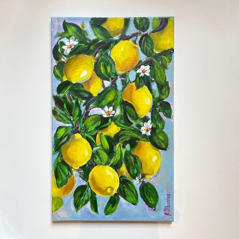 Title: Lemon tree branch with fruits. This painting is inspired by a lemon tree beauty these trees remind us of southern countries, where nature are filled by sun and bright colors  This painting is a sold without frame, sides are painted so framing is optional you can immediately hang on a wall without frame. Details: -Hand painted  -original art - Acrylic on stretched canvas - Hand painted. - Size: 12"by 20"by 0.5"(30cmx50cm) - Unframed ready to hang  - Wired on the back for hanging - Signed a Lemon Tree Painting, Tree Branch Painting, Lemon Tree Branch, Branch Painting, Fruit Wall Art, Art Fruit, Wall Art Kitchen, Art Kitchen, Lemon Tree