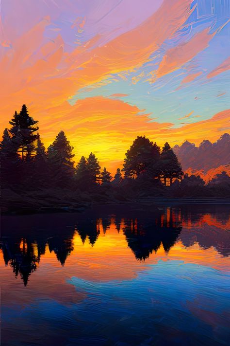 River Drawing, Orange Clouds, Sun Drawing, Drawing Programs, River Painting, Orange Sunset, Scenery Paintings, Orange Sky, Sky Painting