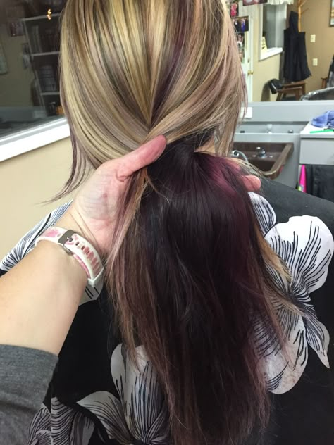 Deep plum underneath. Heavy blond foil with little pops of plum thruout! Plum Underneath Hair, Blonde Hair With Dark Purple Underneath, Blonde And Plum Hair, Plum Hair With Blonde Highlights, Reverse Peekaboo Hair, Blond Underneath, Blonde Hair On Top Dark Underneath, Blonde Hair With Dark Underneath, Blonde Highlights Fall