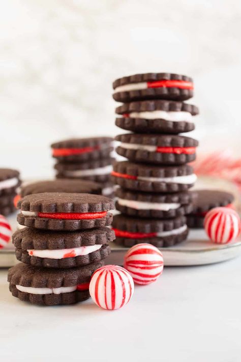 Chocolate peppermint sandwich cookies are the perfect homemade version of peppermint Oreos or candy cane Joe-Joes, great for holiday gifts or Christmas cookie platters. They're fun to bake and even more fun to eat. Christmas Cookie Platters, Peppermint Oreos, Cookie Platters, Homemade Oreos, Food Scientist, Food Stories, Peppermint Bark, Gel Food Coloring, Chocolate Peppermint