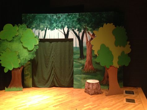 Stage Left w/cardboard trees and tree stump Drama Stage Design, Diy Tree Stage Prop, Cardboard Scenery Set Design, Tree Props Stage Set Design, Christmas Nativity Scene Diy, How To Make Trees, Cardboard Tree, Nativity Scene Diy, Tree Props