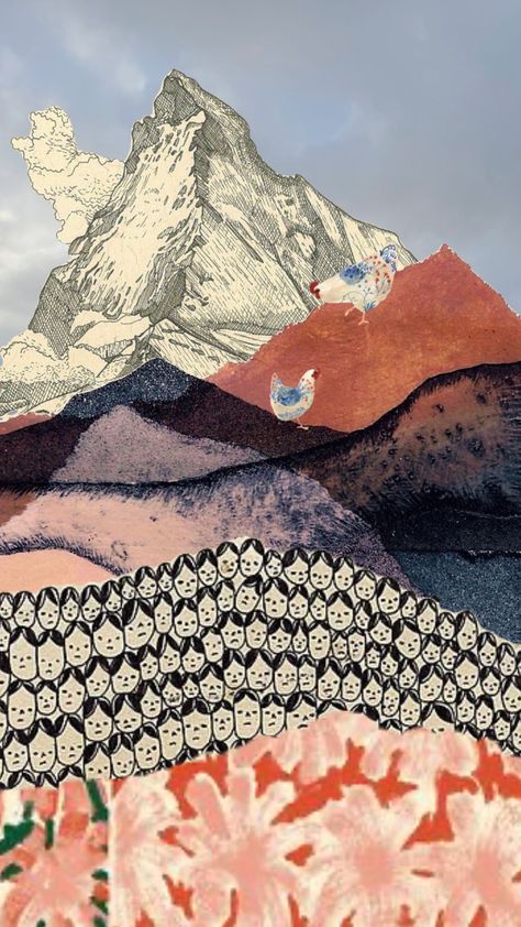 making a mountain out of a (collage) #art Collage Mountains Landscapes, Mountains Collage Art, Landscape Collage Ideas, Mountain Collage Art, Large Collage Art, Collage Template Landscape, Collage Landscape Art, Mountains Collage, Nature Collage Art