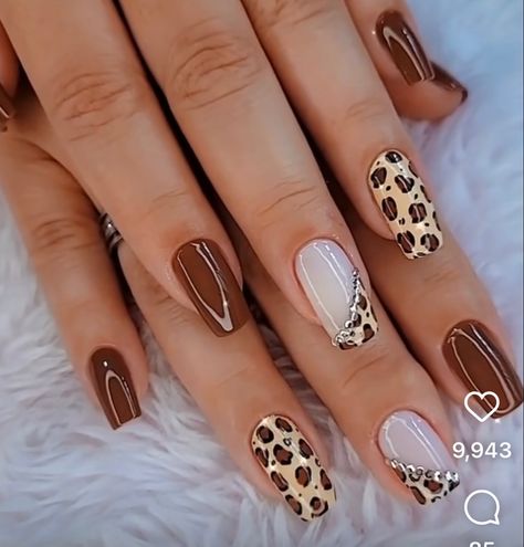 Gel Leopard Nails Art Designs, Brown Nails With Animal Print, Animal Print Uñas, Cow Print Nail Designs, Fall Leopard Nails, Brown Nails Leopard, Leopard Accent Nail Fall, Coffin Leopard Nails, Square Gel Nails