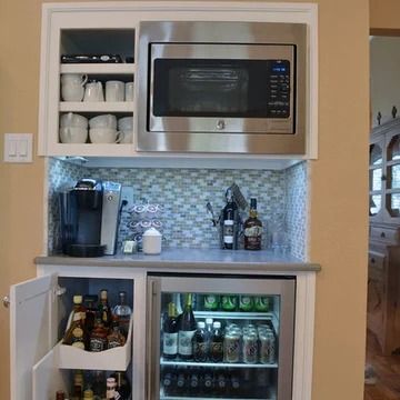 Coffee Maker And Microwave - Photos & Ideas | Houzz Built In Kitchen Desk Repurpose Ideas, Coffee Bar With Microwave, Bar With Microwave, Apartment Coffee Bar, Built In Coffee Bar, Custom Entertainment Center, Built In Coffee Maker, Custom Bookshelves, Coffee Bar Ideas