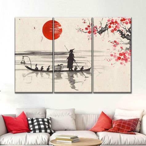 Asian Boat Ride Multi Panel Canvas Wall Art | ElephantStock Japanese Boat, Zen Nature, Boat Artwork, Canvas Inspiration, Wellness Room, Asian Wall Art, Boat Wall Art, Boat Wall, Japanese Wall Art