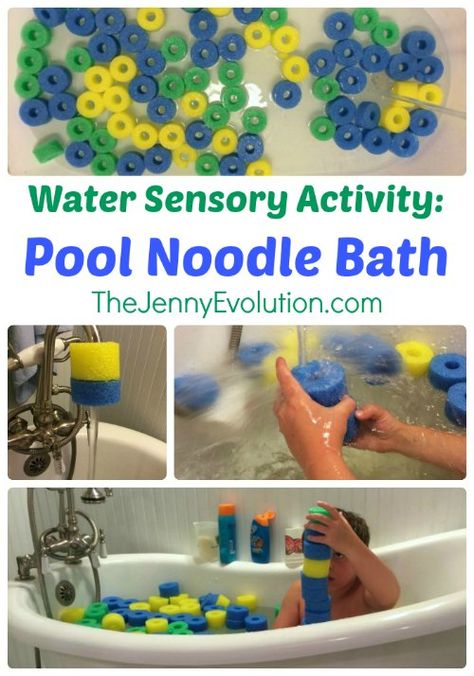 Pool Noodle Bath: Water Sensory Activity + Learning Colors and Patterns | The Jenny Evolution Sensory Exploration, Sensory Activity, Toddler Sensory, Pool Noodle, Water Patterns, Bath Time Fun, Bath Water, Pool Noodles, Kids Sensory