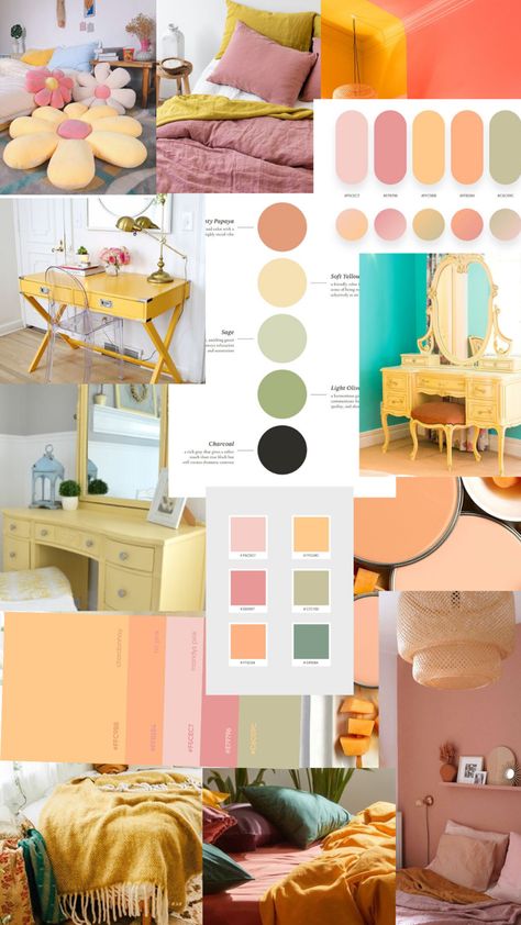 Orange, pink, yellow and olive green room palette Light Pink Dorm Room, Bedroom Colour Schemes Green, Pink And Orange Dorm Room, Pink And Orange Dorm, Orange Dorm Room, Dorm Room Ideas Pink, Dorm Blue, Room Ideas Pink, Dorm Pink