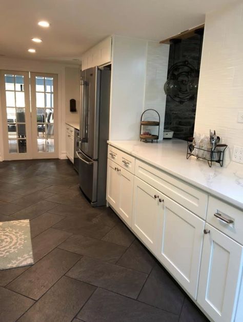 Gray Kitchen Cabinets Tile Floor, White Kitchen With Dark Tile Floors, Butcher Block Countertops And Flooring, Dark Grey Kitchen Tile Floor, Black Herringbone Tile Floor Kitchen, Kitchen Black Slate Floor, Dark Tile Kitchen Floors White Cabinets, Kitchen Floors 2023, Dark Kitchen Floors White Cabinets