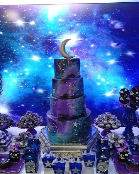 2nd Birthday Party Themes Summer, Party Themes Summer, Summer Wedding Nails, Galaxy Desserts, Celestial Wedding Theme, Quince Cake, Purple Cakes Birthday, Galaxy Wedding, Quinceanera Planning