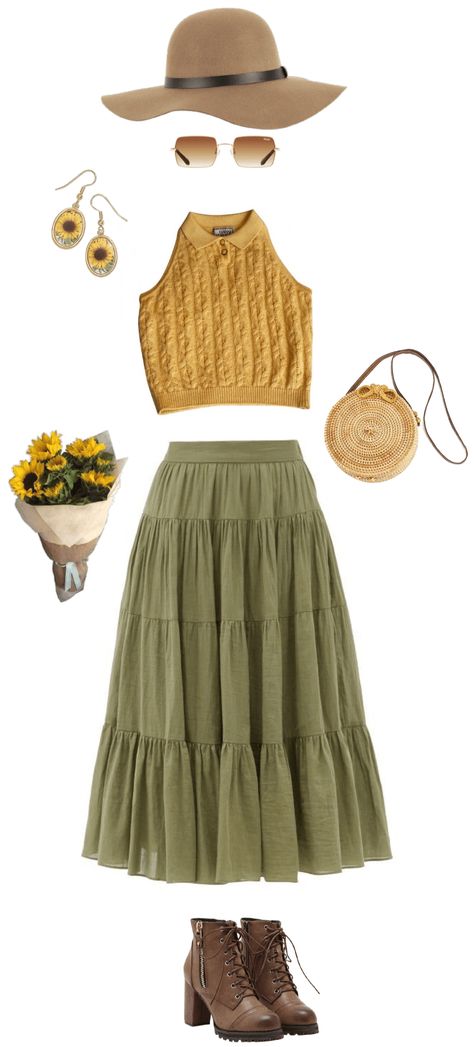 Sunflower outfit ideas | Sunflower Sunflower Inspired Outfit, Sunflower Aesthetic Outfit, Combat Boot Heels, Sunflower Outfit, Casual Cottagecore, Brown Combat Boots, Illustration Collage, Fashion Illustration Collage, Floppy Sun Hats