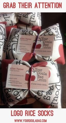 Doula Tips: A rice sock with your business logo on it is a great way to get doula referral business. Logo Rice, Hypnobirthing Techniques, Doula Tips, Rice Sock, Doula Bag, Becoming A Doula, Birth Worker, Doula Care, Doula Gifts