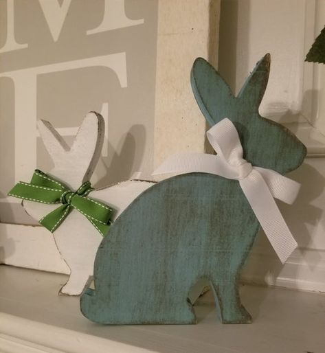 6" or 8" Custom Wooden Bunny with Bow by PlushTennessee Painted Rabbits, Bunny With Bow, D N Angel, Spring Signs, Spring Wood Crafts, Primitive Easter, Easter 2024, Wooden Bunny, Amelia Rose