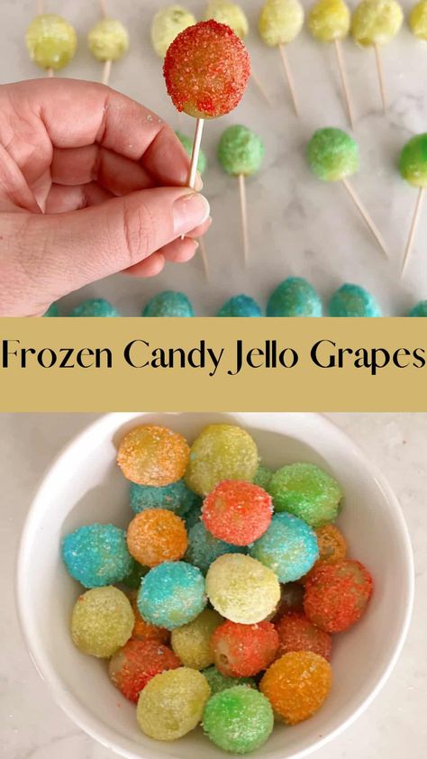 Jello Grapes- Frozen Candy Grapes - traditionallycozy.com Frozen Grapes With Jello Powder, Jello Grapes Frozen, Frozen Grapes Jello, Frozen Candy Grapes, Frozen Grapes Recipe, Jello Grapes, Grapes Frozen, Frozen Jello, Jolly Rancher Jello