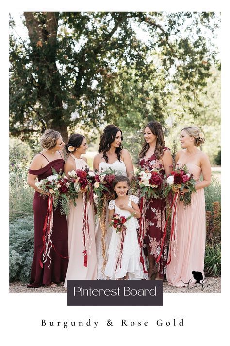 Rose Gold And Burgundy Bridesmaid Dress, Burgundy Rose Gold Blush Pink Wedding, Rose Gold And Burgundy Wedding Theme, Red And Rose Gold Wedding, Wine And Gold Wedding, Burgundy And Champagne Wedding, Burgundy Blush And Gold Wedding, Burgundy Champagne Wedding, Burgundy And Rose Gold Wedding