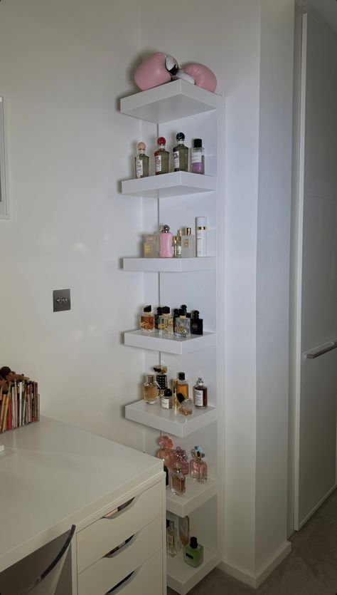 Dressing Shelf Ideas, Perfume Shelf Ideas Wall Shelves, Perfume Wall Shelf, Perfume Collection Display Shelves, Perfume Organization Shelf, Perfume Wall Display, Perfume Shelf Ideas, Perfume Shelves, Perfume Display Shelf