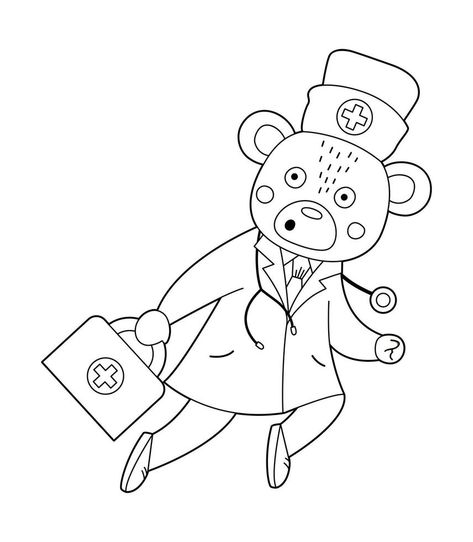 Vector outline bear doctor running with stethoscope and first aid kit. Cute funny animal character. Medicine coloring page for children. Healthcare icon isolated on white background Animal Character, Background Background, Aid Kit, First Aid Kit, Funny Animal, First Aid, Cute Funny Animals, Funny Animals, White Background