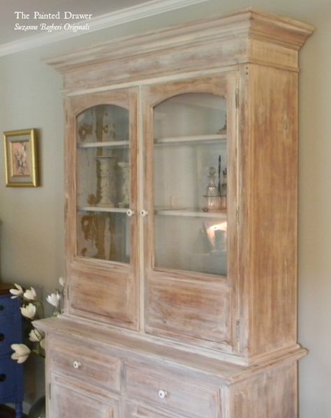 Whitewashed Farmhouse Cabinet Whitewashed Cabinets, Annie Sloan Kitchen Cabinets, Whitewashing Furniture, Pickled Wood, Redo Kitchen Cabinets, Old Wood Table, Farmhouse Cabinet, White Washed Furniture, Annie Sloan Old White