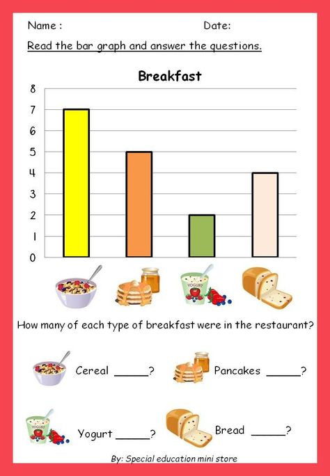 Easy bar graph reading worksheet designed for my students with special needs, feel free to use with your special kids too! 😉 Bar Graph Worksheet, Bar Graphs Activities, Graph Worksheet, Easy Bar, Bar Graph, 2nd Grade Worksheets, Studying Math, Special Kids, Bar Graphs