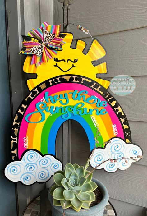 Rainbow Door Hanger, Watercolor Christmas Cards Diy, Rainbow Door, Teacher Wreaths, Handmade Wall Hangings, Rainbow Sign, Rainbow Classroom, Preschool Classroom Decor, Teacher Craft