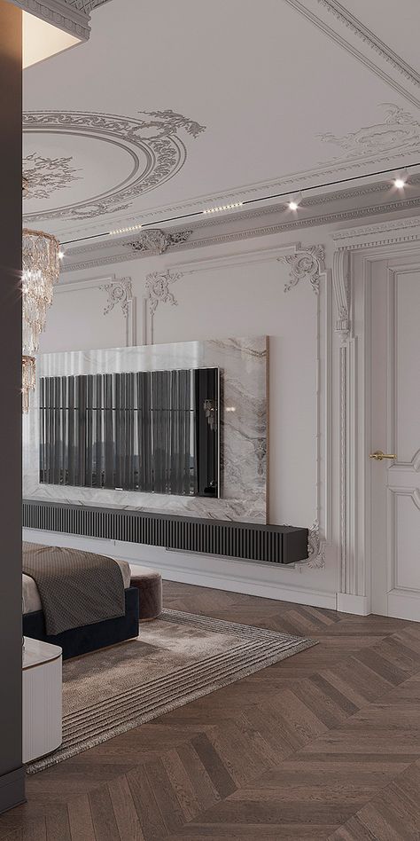 Classical Interiors Bedroom, Neo Classical Interiors Bedroom, Classic Tv Wall, Black Bedroom Furniture Set, Neo Classical Interiors, Bedroom Tv Unit Design, Classical Bedroom, Neoclassic Interior, Materials Board Interior Design