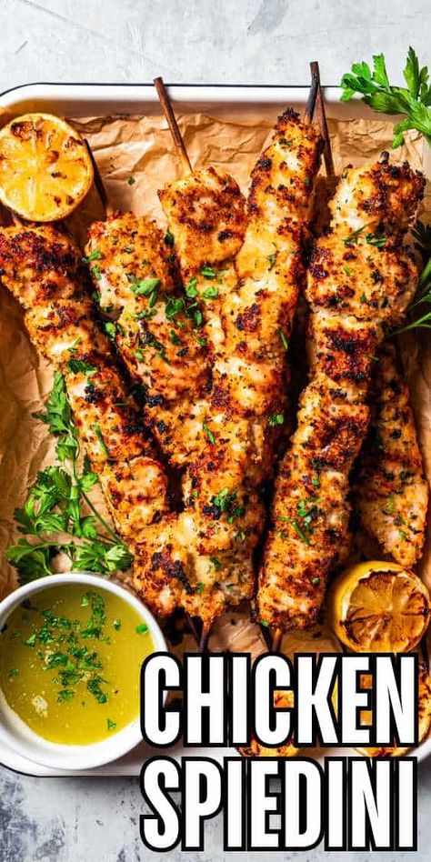 These Italian chicken skewers, also known as chicken spiedini, are made with chicken cubes marinated in white wine, lemon zest, and red pepper flakes. The chicken is then breaded, skewered, and grilled until golden and tender! #chicken #spiedini #italian Crispy Chicken With Italian Sauce, Lemon Garlic Butter Chicken Spiedini Allrecipes, Lemon Butter Chicken Spiedini, Zesty Lemon Pecorino Crispy Chicken, Fried Chicken Skewers, Chicken Tender Marinade Recipes, Chicken Spiedini Air Fryer, Chicken Spedini Recipe Baked, Chicken Spedini Recipe Air Fryer